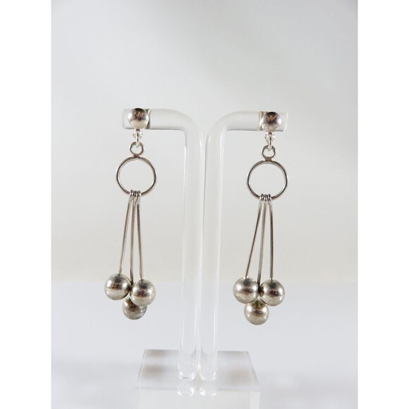 Artisan Modernist Ball & Rod Dangling Earring Set Hand Worked  Sterling Silver P - Picture 2 of 8